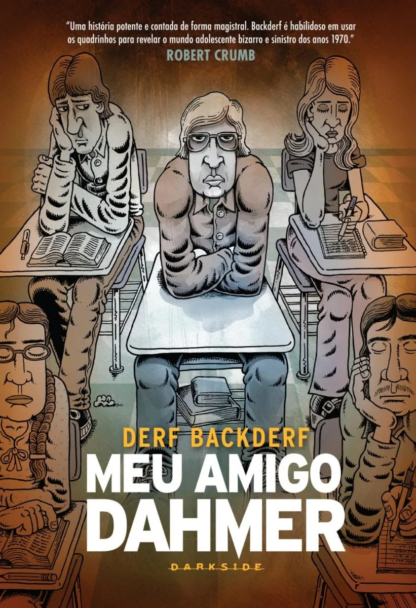 Capa da HQ "Meu Amigo Dahmer", de Derf Backderf, traz estudantes na sala de aula, com o serial killer ao centro, de óculos e cabelos longos.