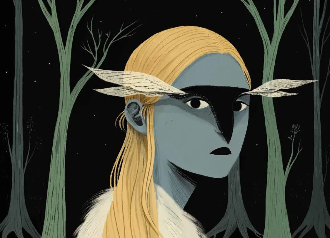 Ilustração de uma personagem misteriosa com pele azul, cabelo loiro longo e máscara de pássaro, em meio a árvores de fundo, criando uma atmosfera de fantasia e mistério.