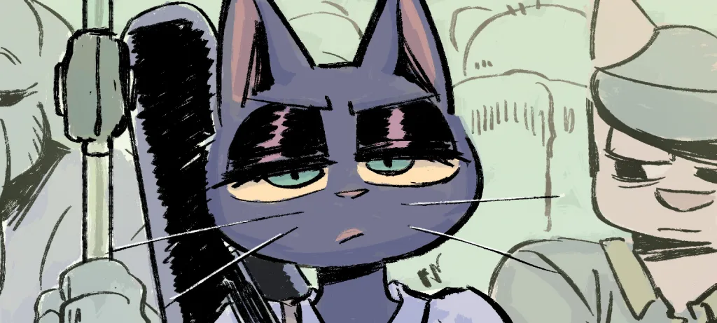 Ilustração de um gato preto com expressão séri no estilo cartoon.