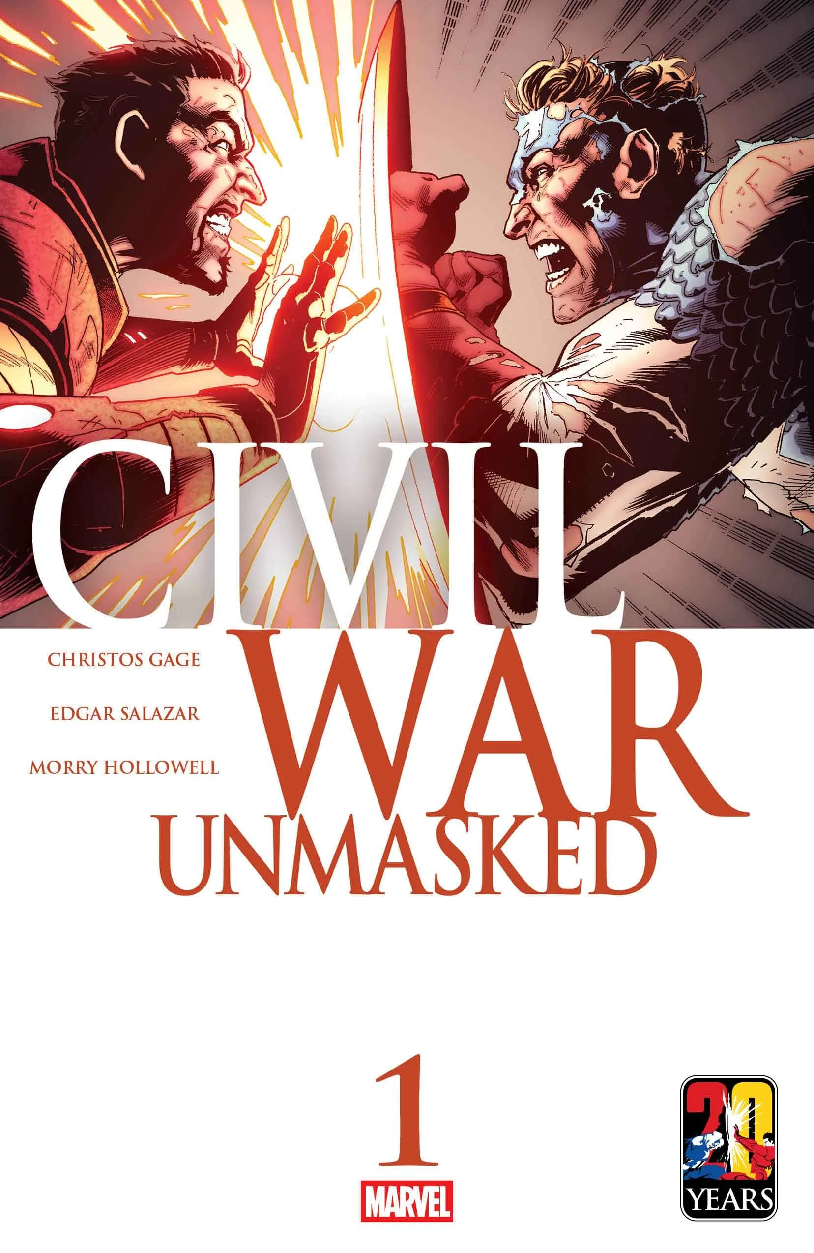 Capa do quadrinho Marvel Civil War Unmasked, mostrando Capitão América empunhando o escudo contra o Homem de Ferro, em batalha épica com efeitos visuais.