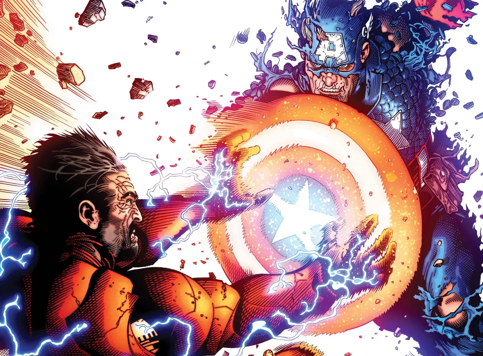 Capa do quadrinho Civil War Unmasked mostrando um duelo dramático entre Homem de Ferro e Capitão América com detalhes artísticos marcantes, como raios, e cores vibrantes.