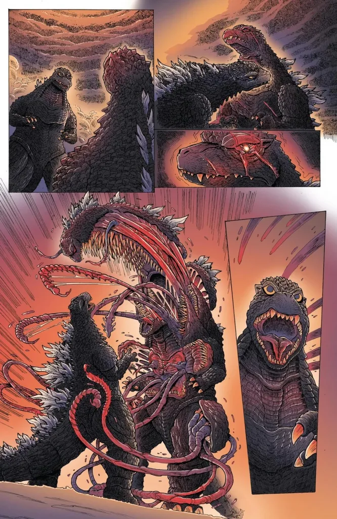 Página do quadrinho Godzilla no Inferno em que o monstro aparece em uma luta.