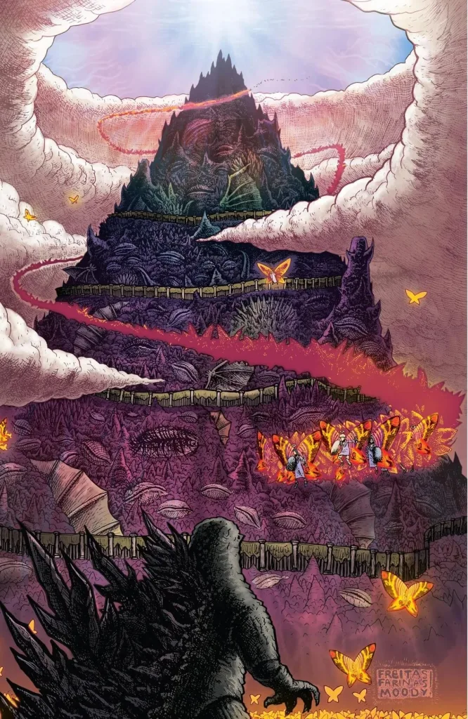Página do quadrinho Godzilla no Inferno evidencia uma montanha assustadora cercada por nuvens.