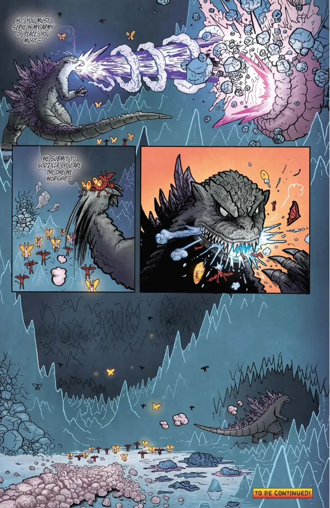 Página do quadrinho Godzilla no Inferno traz o monstro em batalha contra criaturas aladas.