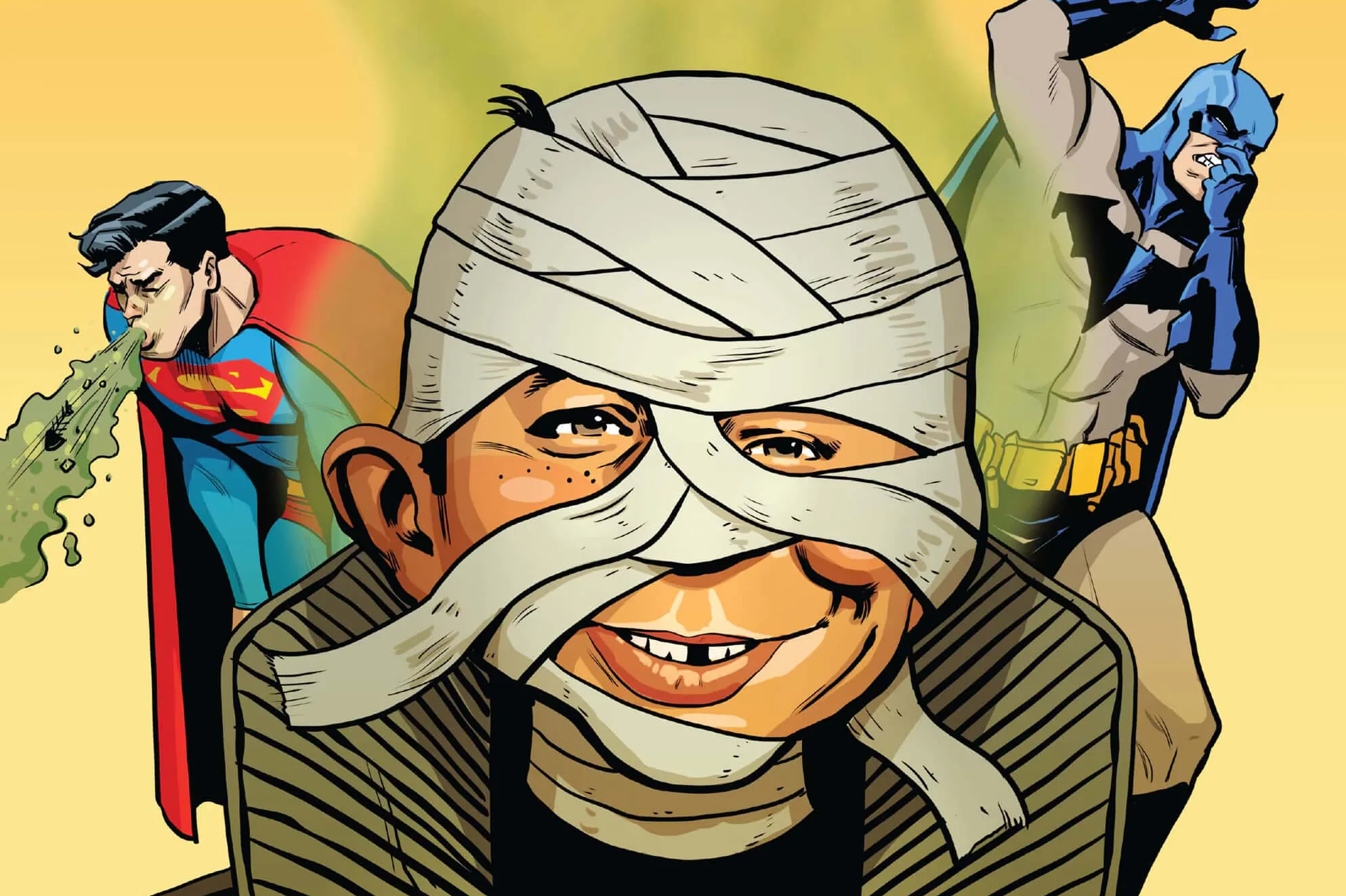 Garoto propaganda da revista MAD, Alfred E. Neuman, com o rosto enfaixado ao lado de Superman, que aparece vomitando, e Batman, que cobre o nariz.