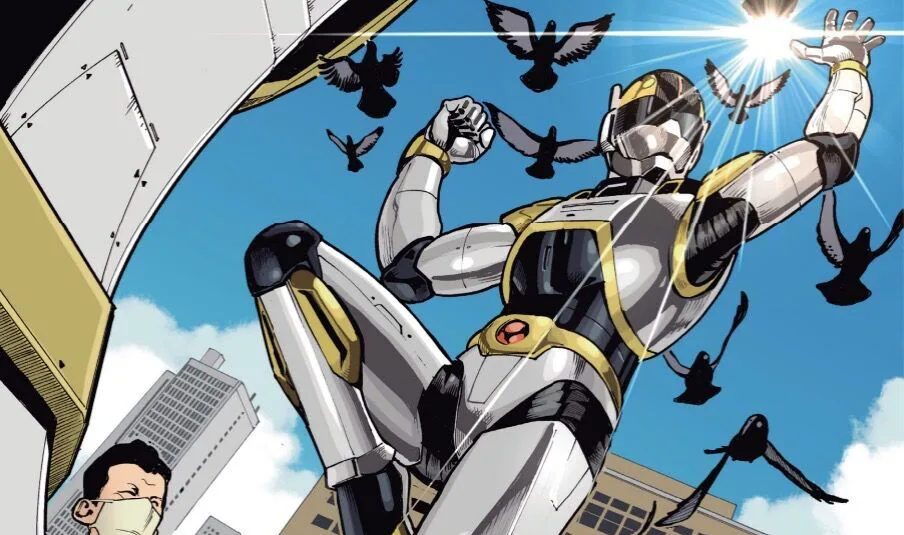 Herói robô ao estilo sentai em primeiro plano cercado de pássaros e arranha-céus.