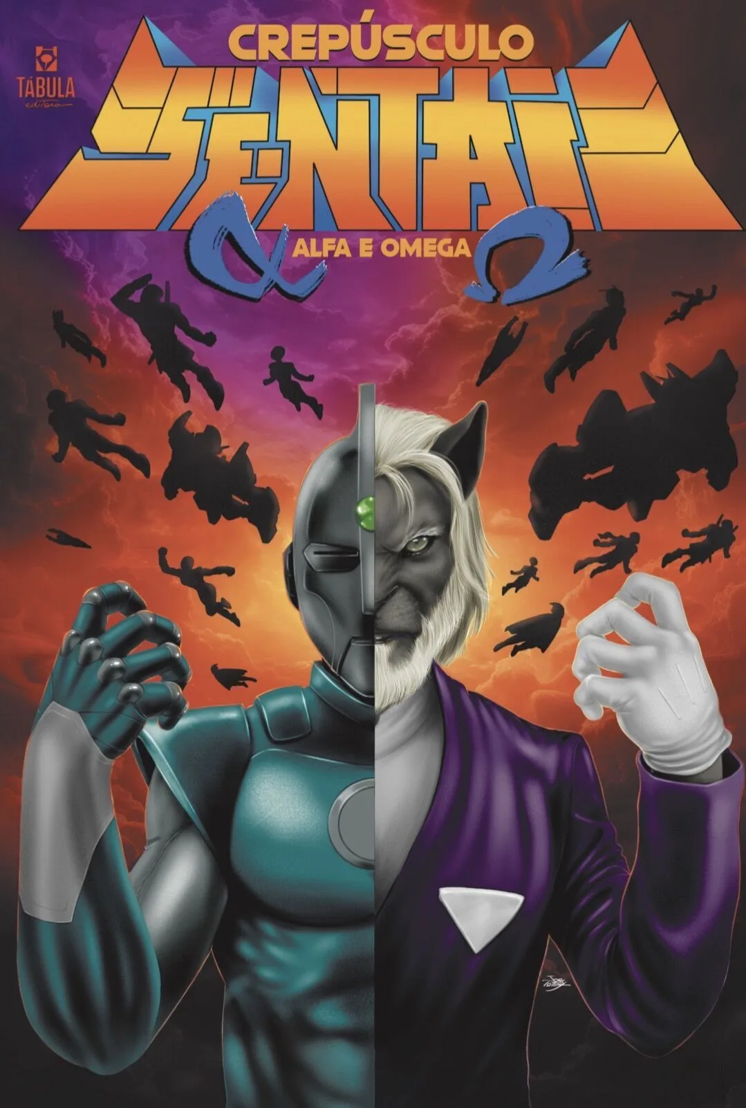 Ilustração da capa do quadrinho Crepúsculo do Sol e da Lua Alfa e Ômega, com um lado mostrando um robô e o outro um ser com feições felinas, com fundo de nuvens laranja e objetos voando ao redor.