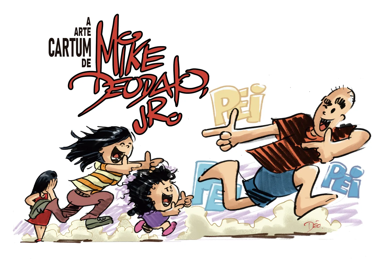 Ilustração de Mike Deodato Jr. com crianças brincando e se divertindo, destacando a arte do cartum do artista.