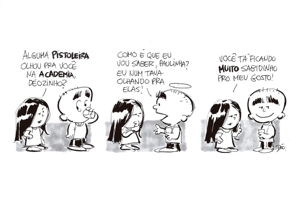 Ilustração em preto e branco ao estilo Charlie Brown.