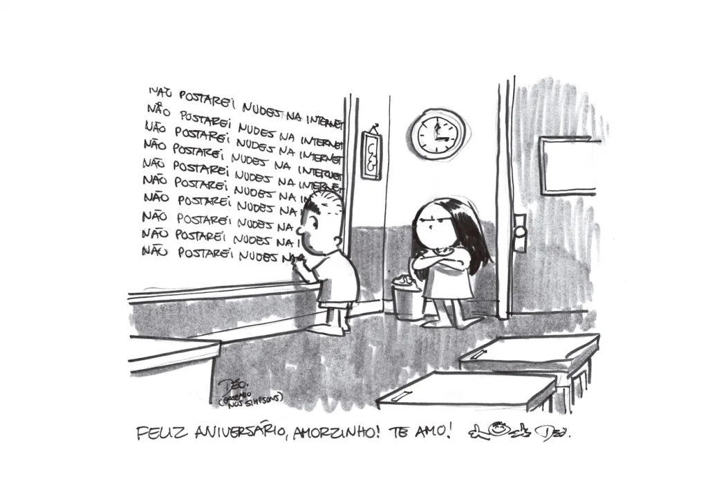 Ilustração em preto e branco que remete aos Simpsons.