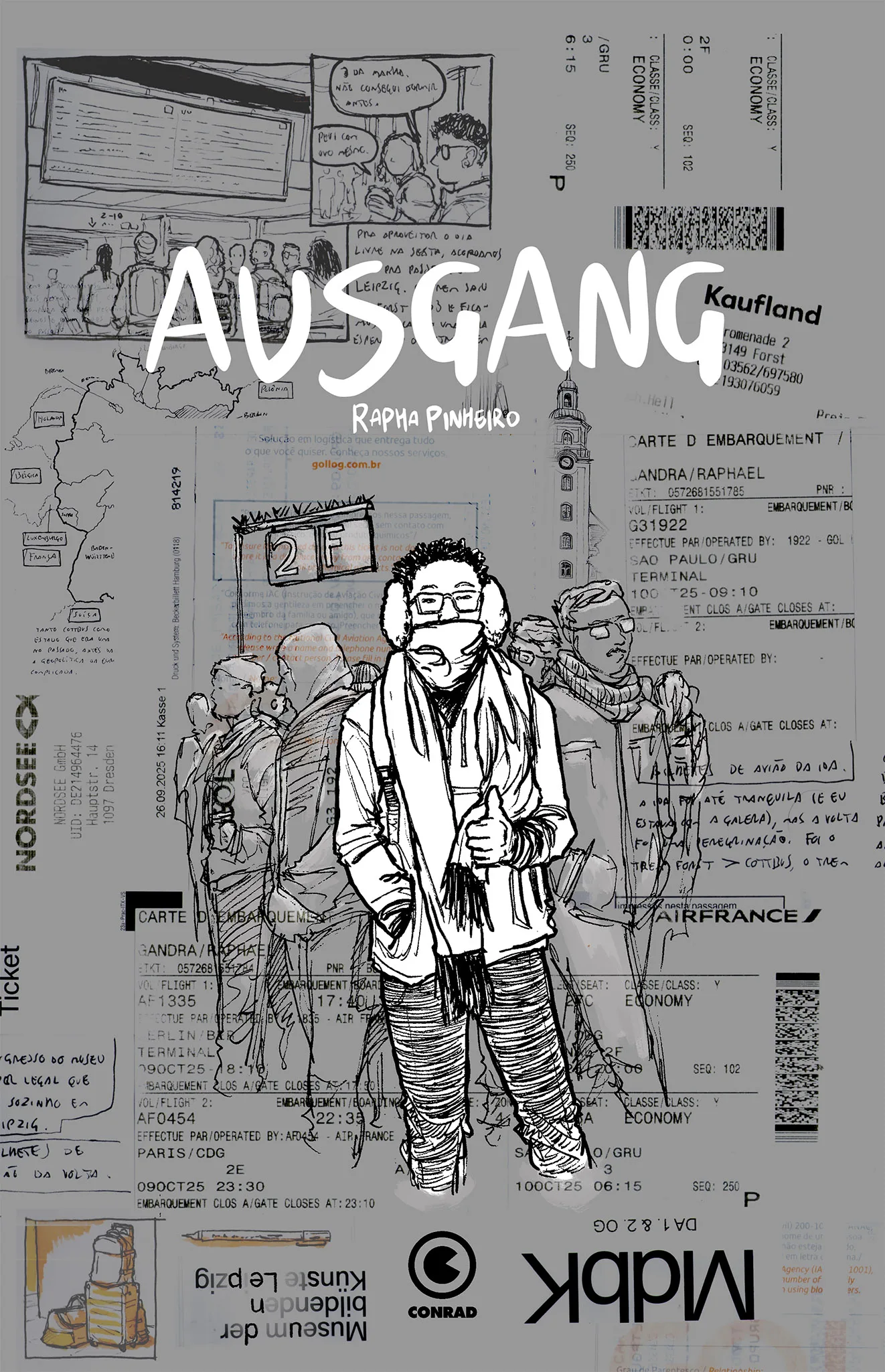 Capa provisória da HQ "Ausgang" traz uma pessoa usando gola sobre a boca e fones de ouvido em aeroporto, com fundo de painel de informações de viagem.