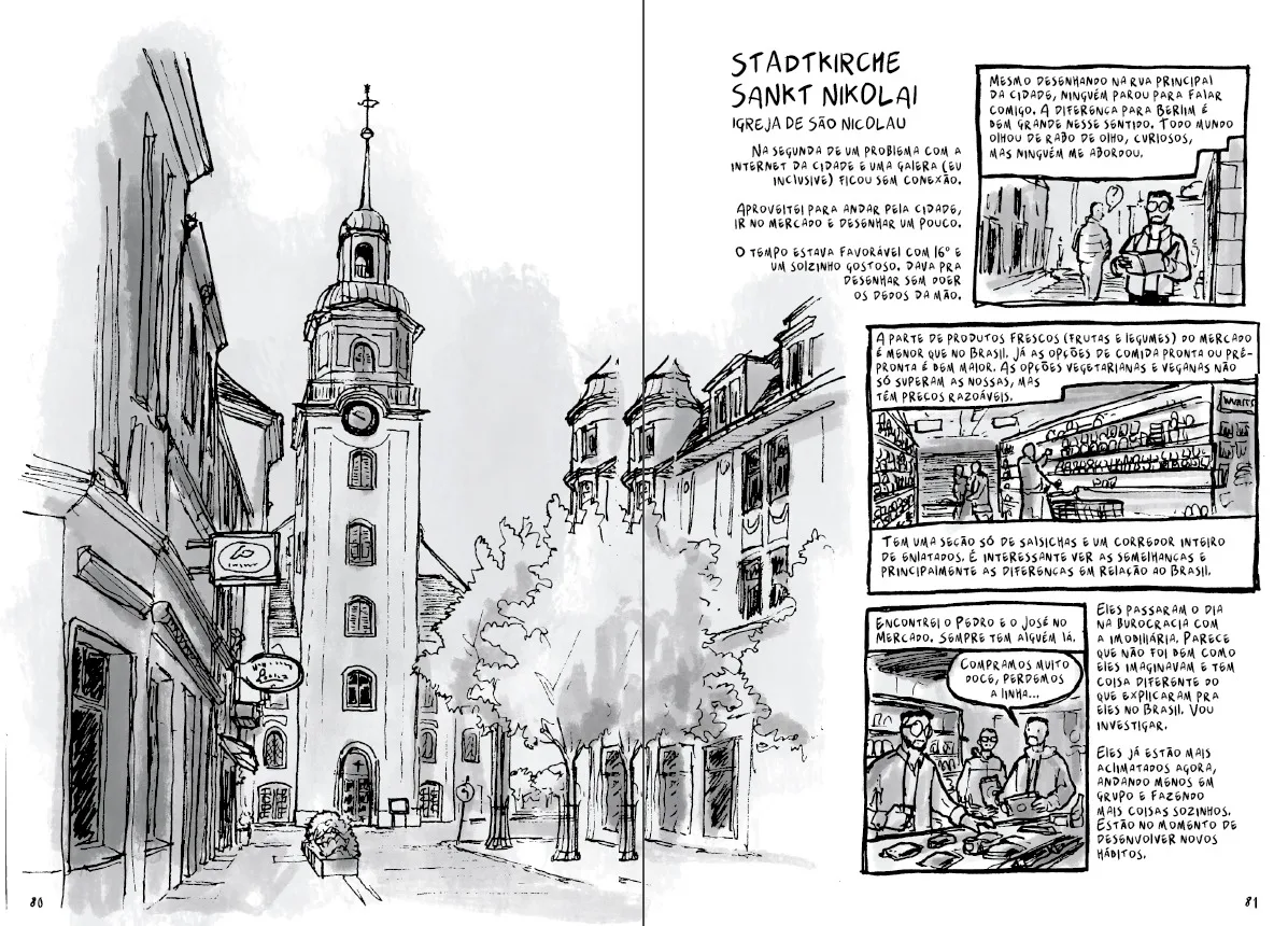 Ilustração de uma vista urbana de uma cidade com uma igreja histórica ao centro, cercada por edifícios comerciais e árvores, destacando o bairro São Nicolau, com uma composição que mistura desenho técnico e narrativa em quadrinhos.