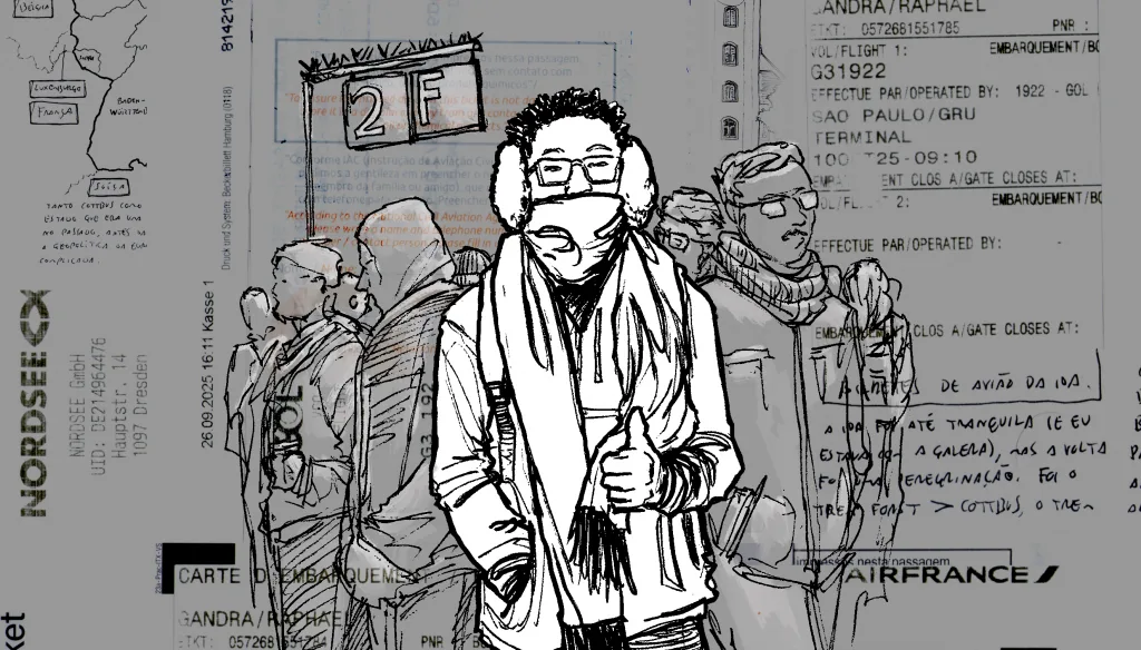 Pessoa usando gola sobre a boca e fones de ouvido em aeroporto, com fundo de painel de informações de viagem.