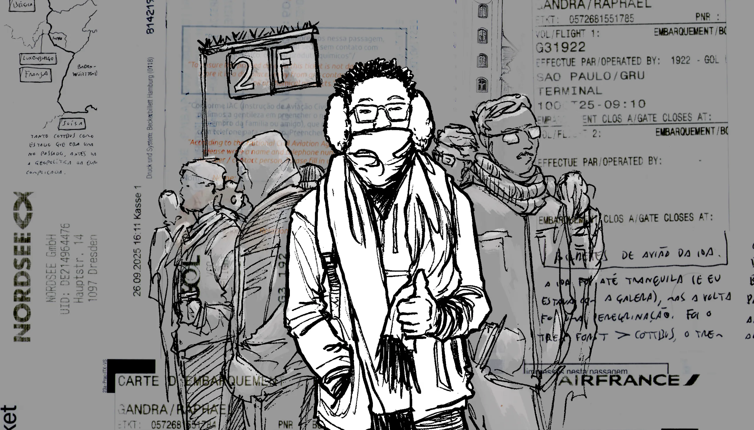 Pessoa usando gola sobre a boca e fones de ouvido em aeroporto, com fundo de painel de informações de viagem.