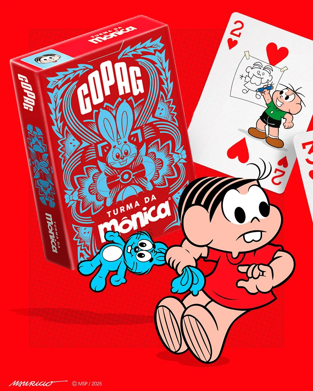 Imagem ilustrativa de um jogo de cartas da Turma da Mônica com personagens principais, incluindo Cebolinha e Monica, em uma composição vermelha.