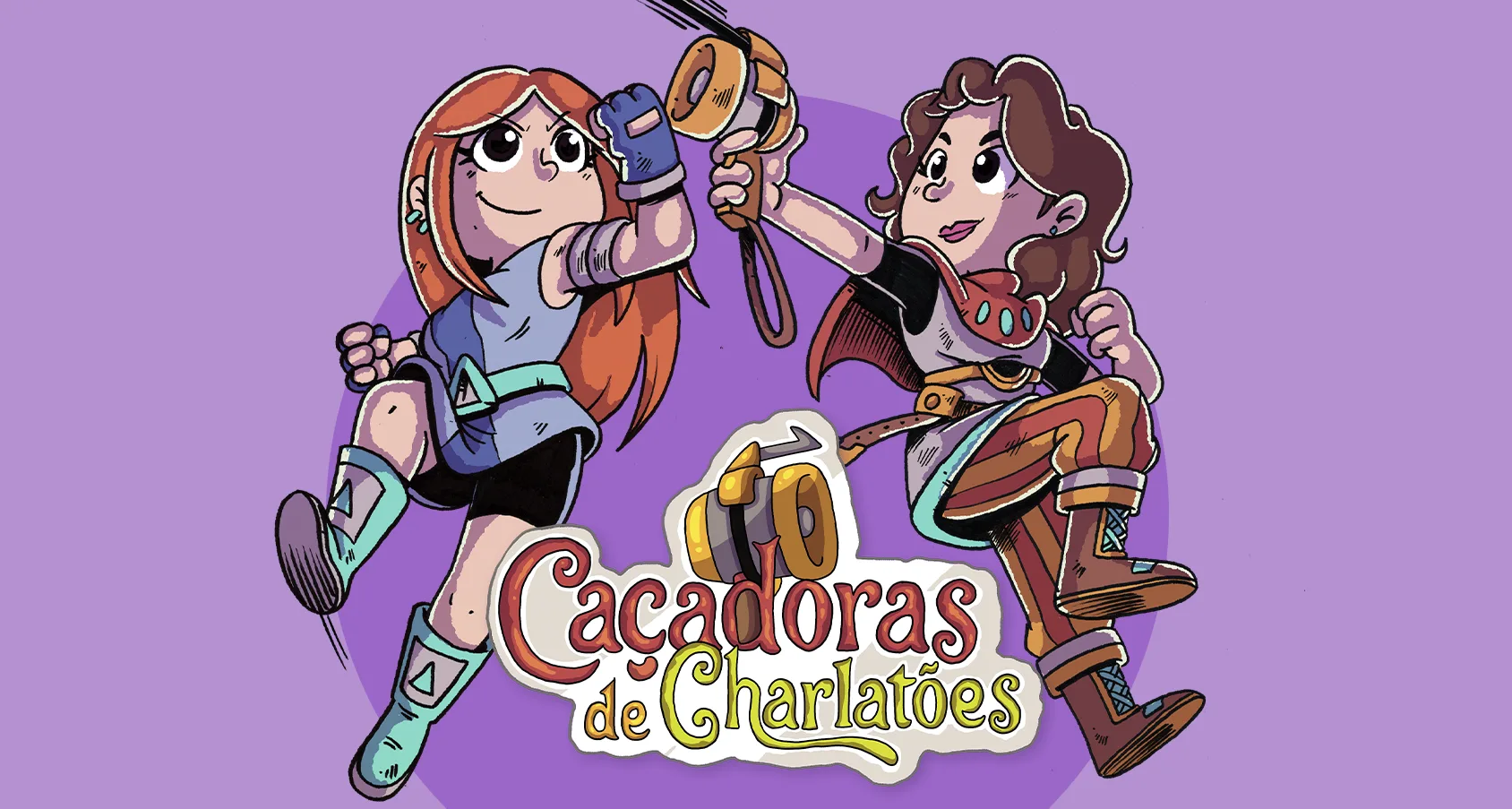 Imagem colorida de duas personagens femininas do quadrinho 'Cacadoras de Charlaes' em ação, com roupas aventureiras e instrumentos, em fundo lilás.