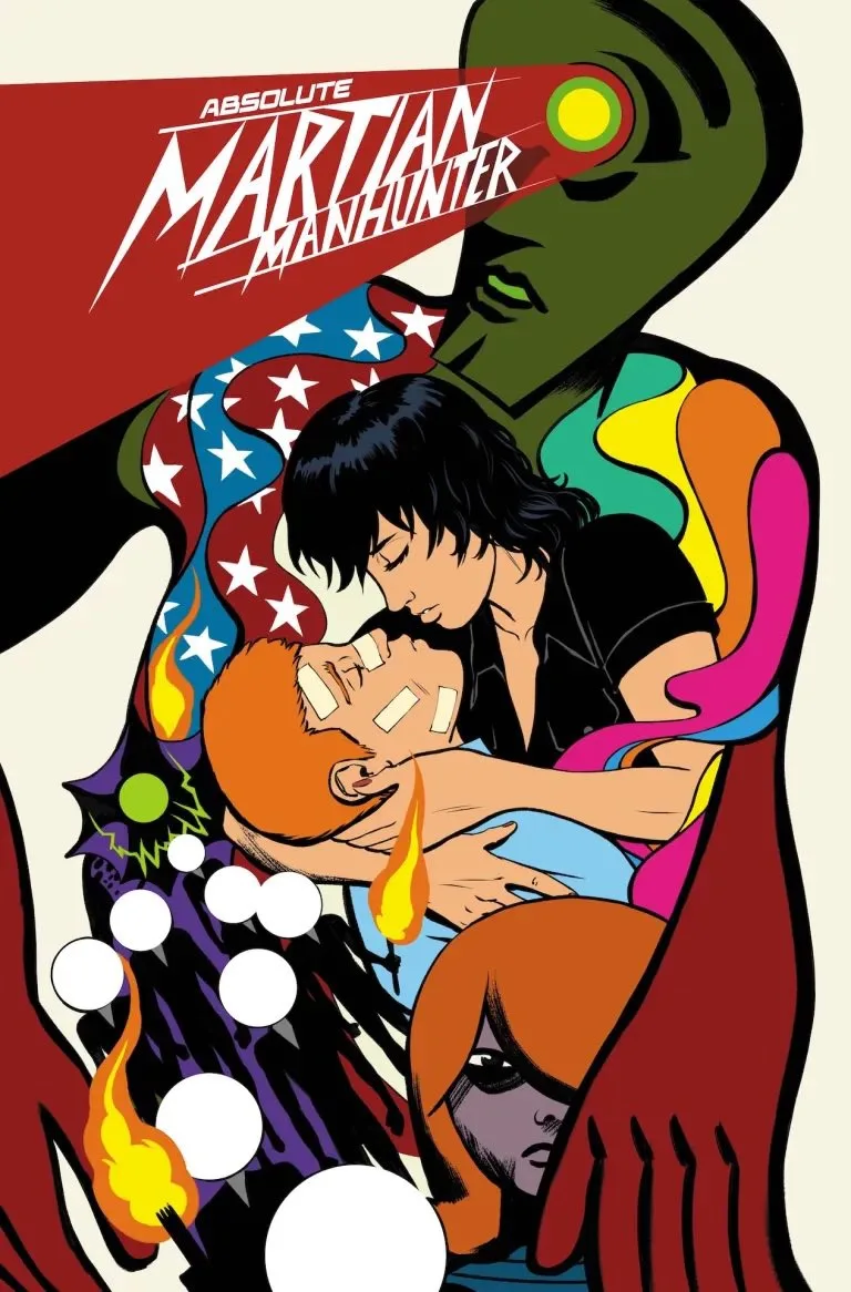 Capa da HQ Absolute Martian Manhunter com ilustrações de personagens e cores vibrantes.