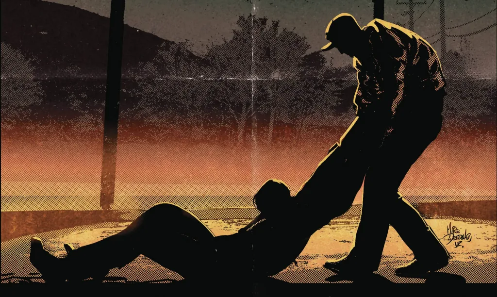 Ilustração com uma pessoa no chão sendo arrastada por outra ao por do sol.