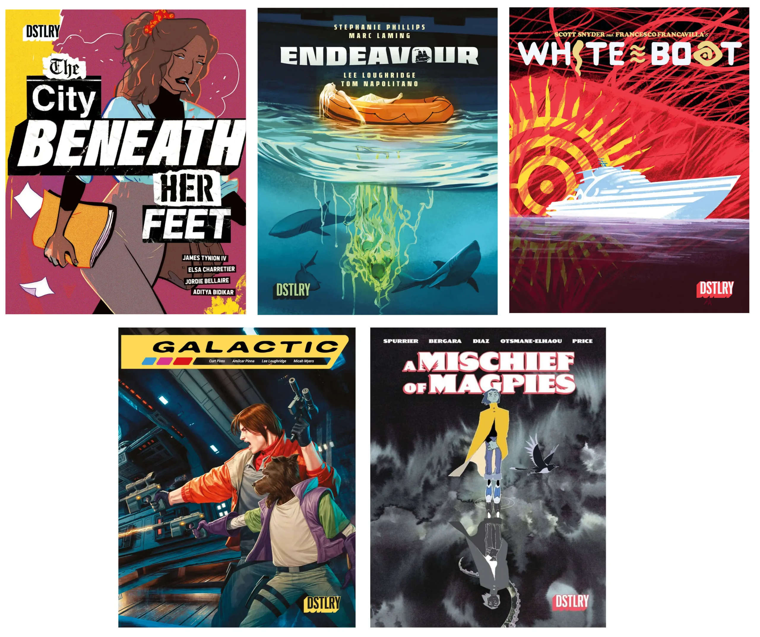 Coleção de cinco capas de livros de ficção científica e fantasia da editora DSTLRY, incluindo 'The City Beneath Her Feet', 'Endeavour', 'White Boat', 'Galactic' e 'A Mischief of Magpies', com arte moderna e cores vibrantes.