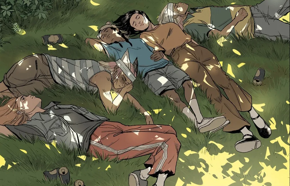Ilustração de vários jovens deitados na sombra na grama descansando.