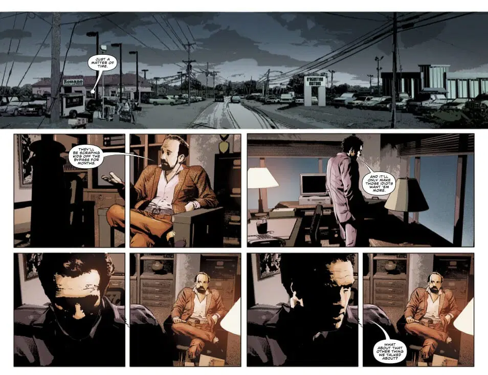 Cena da HQ em quadrinhos com diálogos entre personagens em escritório e ambiente urbano ao fundo, explorando narrativa visual e ambientação.