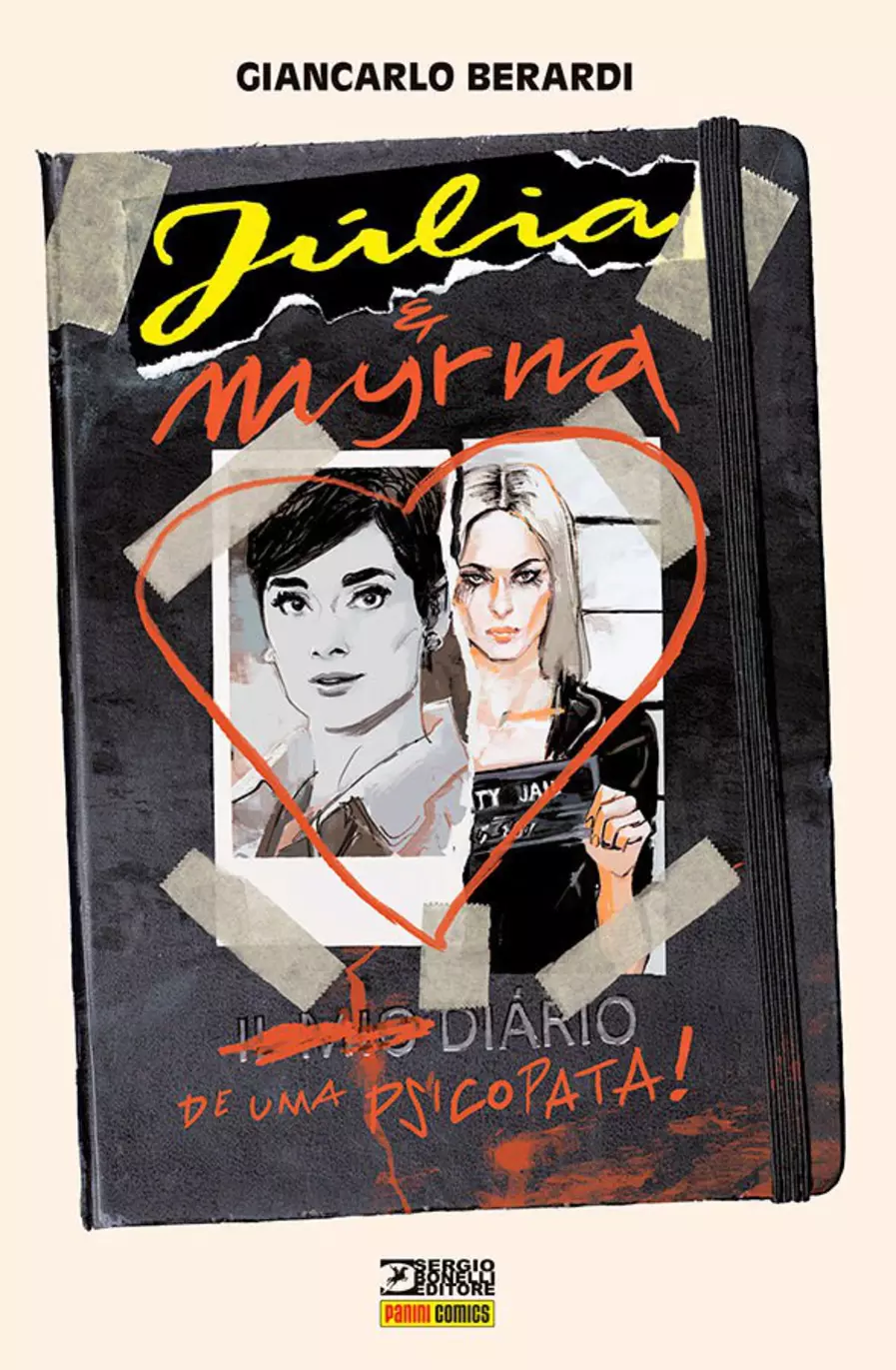 Livro com ilustrações de duas mulheres na capa, decorada com desenho de coração.