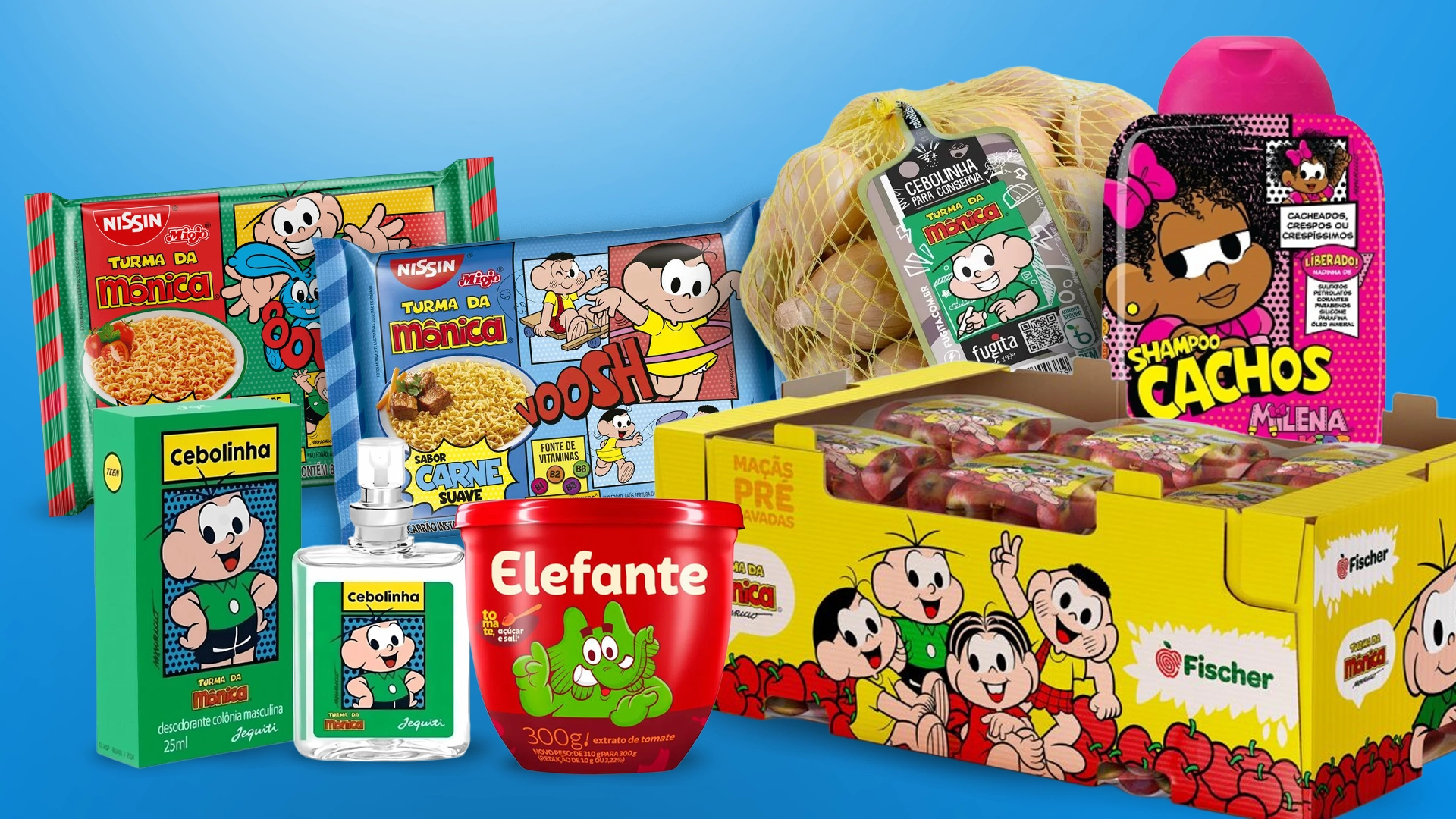 Diversos produtos de alimentação infantil com personagens de desenhos animados, incluindo biscoitos, sabonete, tempero e shampoo, voltados para crianças.