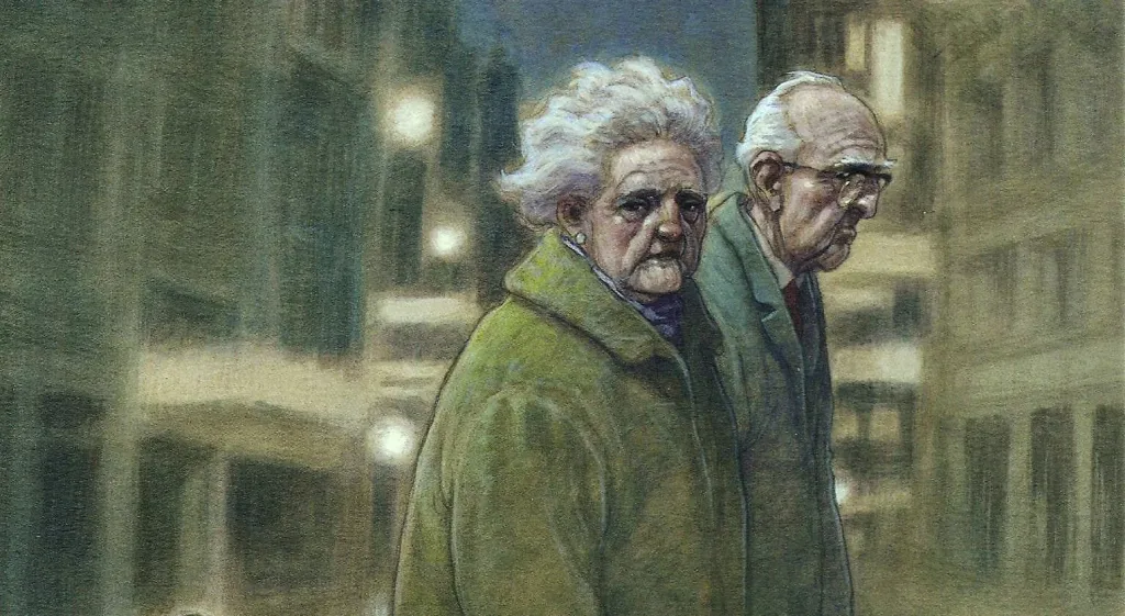 Ilustração de um casal de idosos caminhando na cidade à noite, com expressão séria e expressão cansada, vestindo roupas de frio, cenário urbano ao fundo.