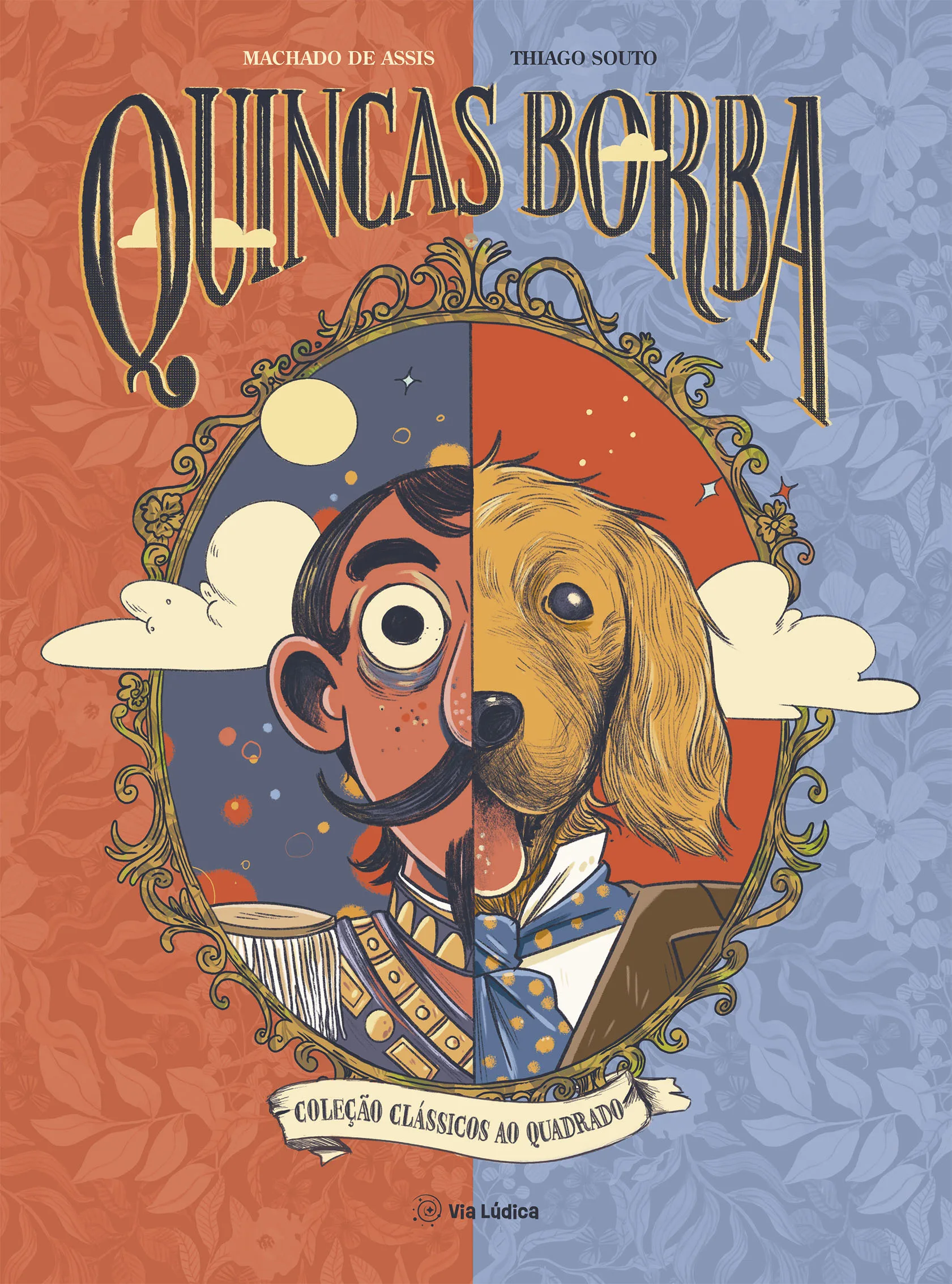 Capa da adaptação de Quincas Borba de Machado de Assis ilustrada com um personagem metade homem, metade cachorro, representando a dualidade da obra.