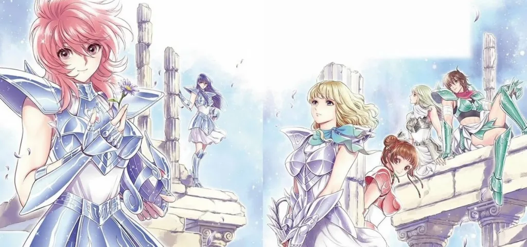 Ilustração de personagens femininas com cabelos coloridos em armaduras brilhantes, com fundo de ruínas antigas e céu azul claro.