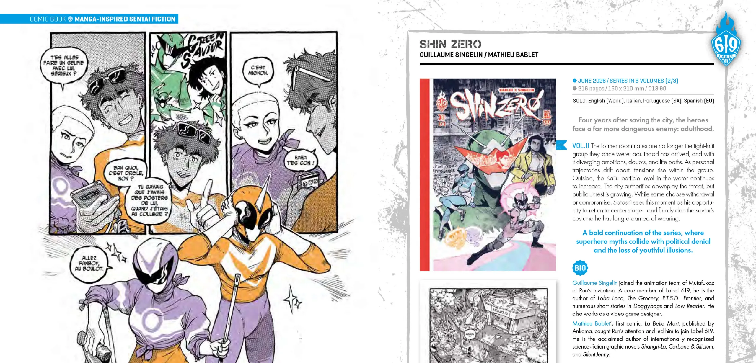 Imagem de catálogo com informações, capa e ilustrações de Shin Zero. 