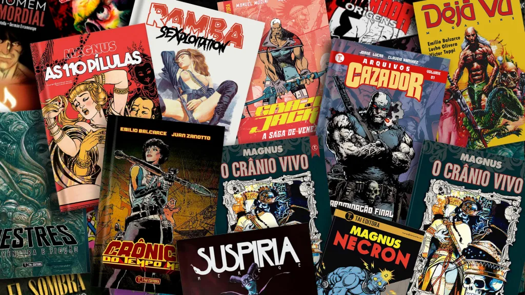 Capas de diversas publicações da Tai Editora, entre elas Crônicas do Tempo Médio, Suspiria, Arquivos Cazador, Necron, Ramba e o Crânio Vivo.