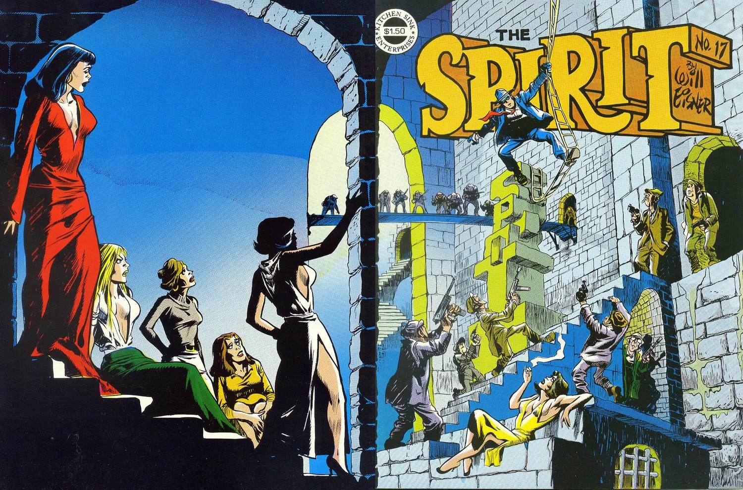 A vibrante capa de quadrinhos "The Spirit" retrata uma cena dramática dividida, com figuras em conflito e suspense, refletindo o estilo icônico de Will Eisner.