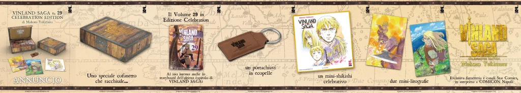 Imagens da edição comemorativa de Vinland Saga na Itália com livros, caixa e vários brindes.