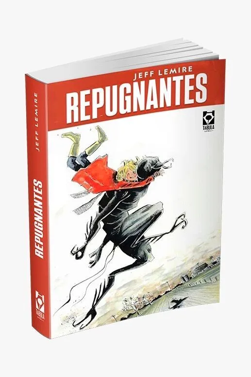 Capa do livro Repugnantes de Jeff Lemire, com uma ilustração de uma criança abraçada a um inseto.