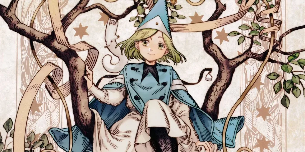 Ilustração de uma menina com chapéu e roupa azul, sentada em um galho de árvore decorada com estrelas, num ambiente mágico e fantasioso.