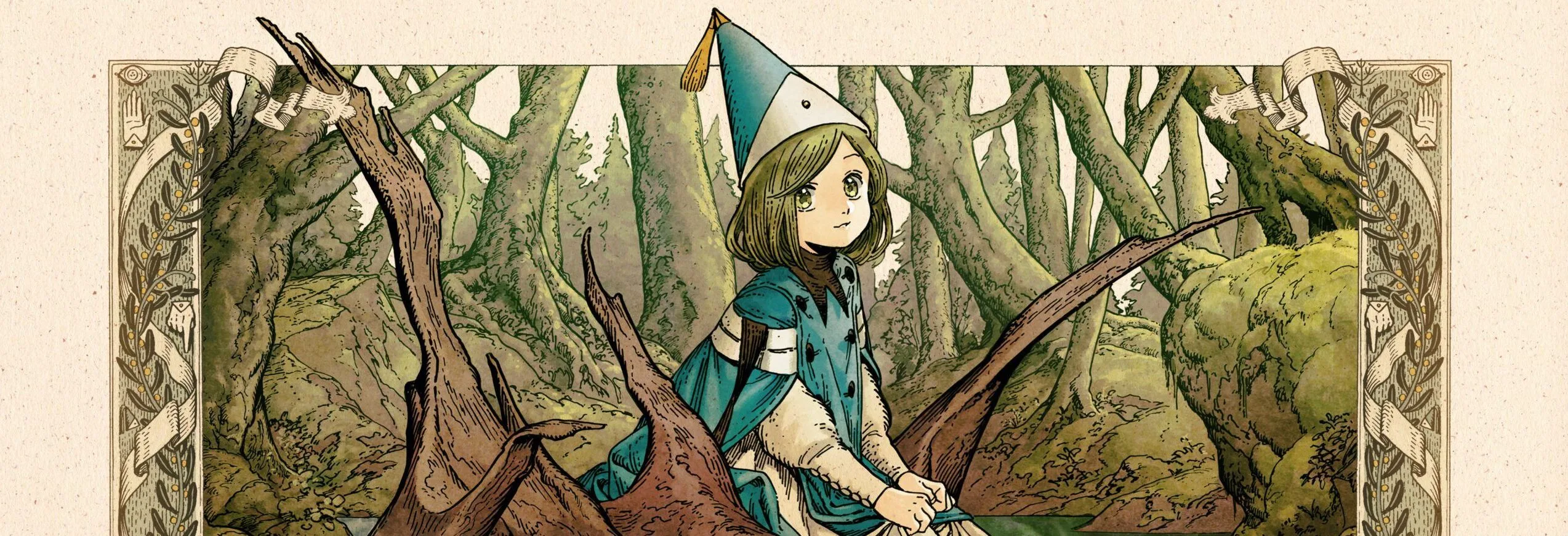 Ilustração de uma garota em ambiente de floresta, usando chapéu de bruxa e vestido azul, sentada em uma raiz de árvore, com detalhes mágicos e natureza ao redor.
