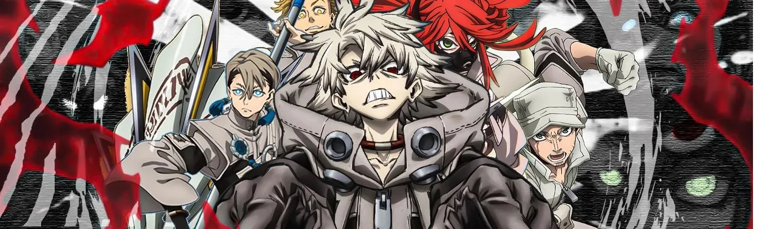 Imagem de cinco personagens de anime com expressões intensas, fundo dramático e efeitos visuais.