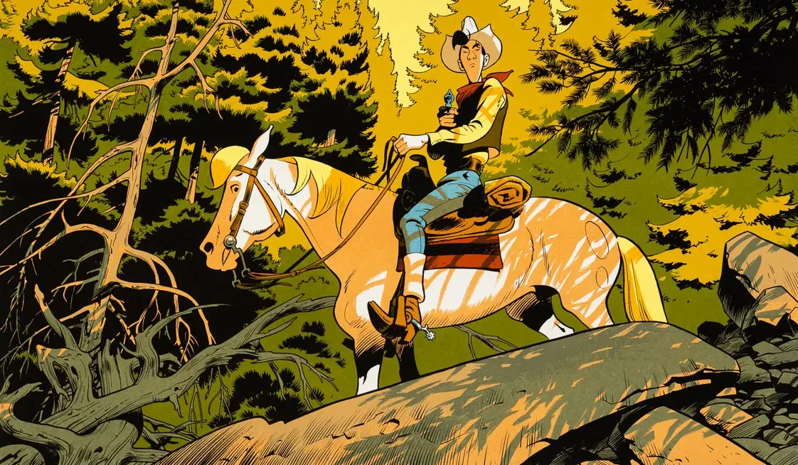 Ilustração de Lucky Luke, um homem com chapéu na floresta, montado em um cavalo em meio à natureza.