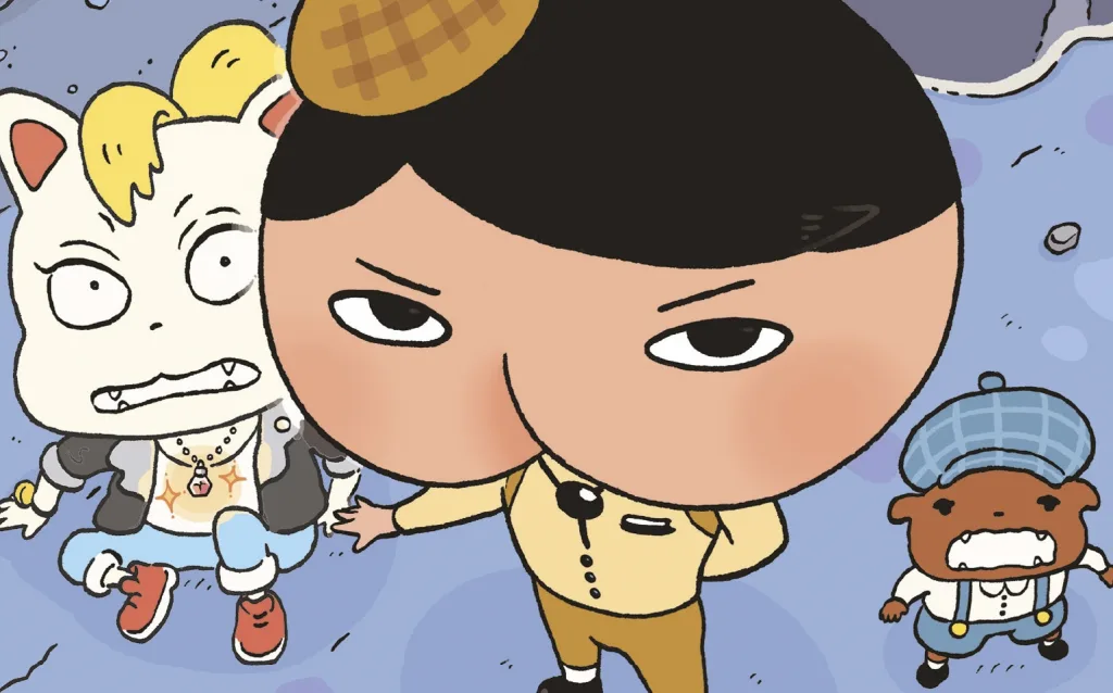Ilustração de personagens com destaque para uma figura central com rosto em formato de nádegas e expressão confiante e dois personagens ao fundo, um com aparência de animal com expressão assustadora.