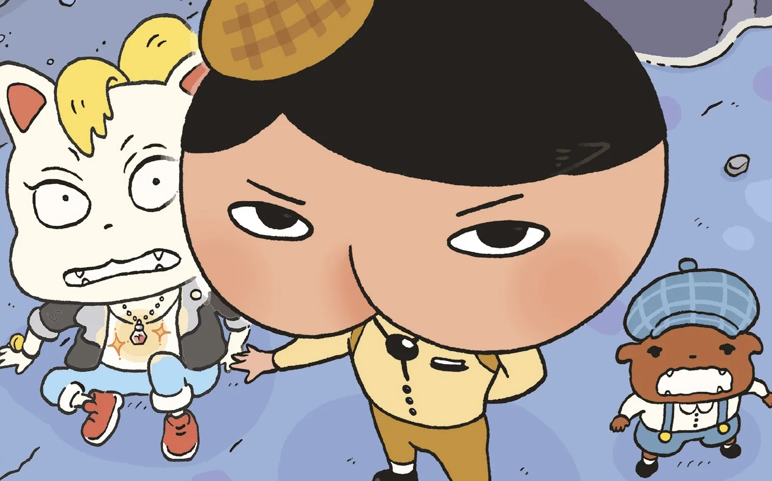 Ilustração de personagens com destaque para uma figura central com rosto em formato de nádegas e expressão confiante e dois personagens ao fundo, um com aparência de animal com expressão assustadora.