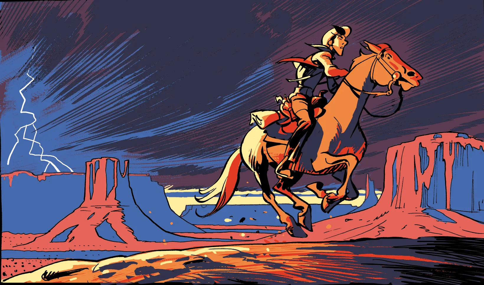 Ilustração de um Lucky Luke em cima de um cavalo em um cenário de deserto com formação rochosa, céu escuro e raios.