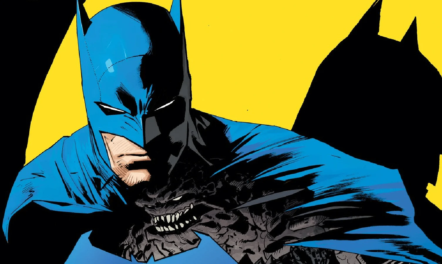 Batman com máscara azul e capa preta mostrando uma expressão séria e forte.