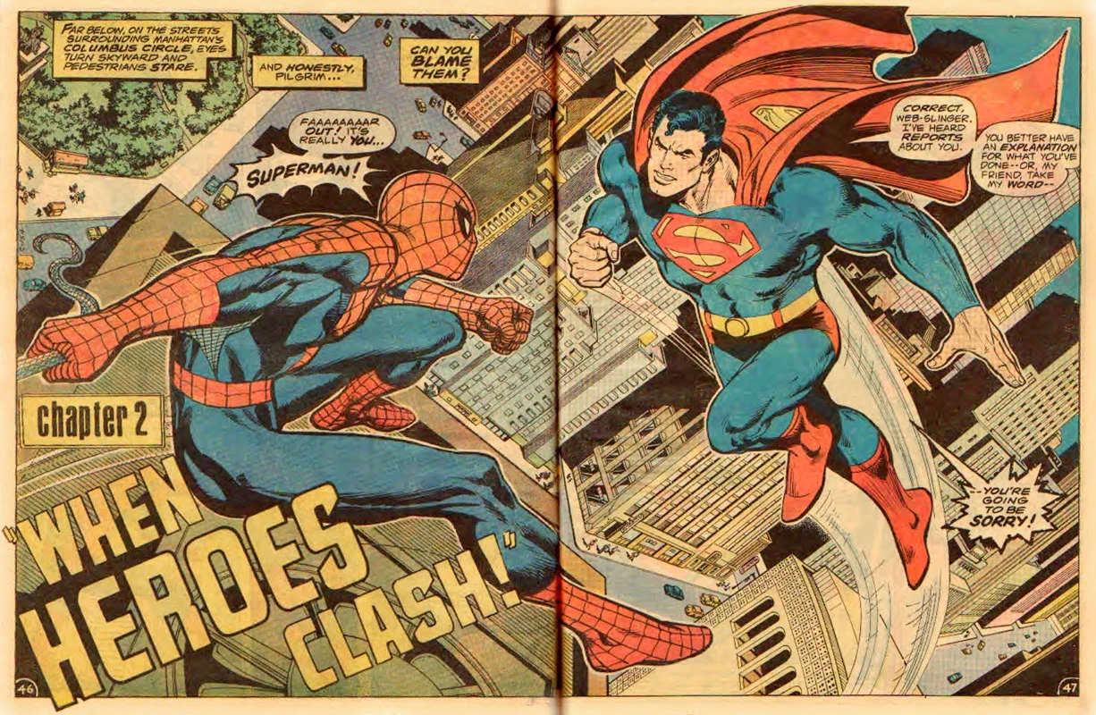 Superman e Homem-Aranha em uma cena de quadrinhos, enfrentando-se em Nova York, destacando seus poderes.