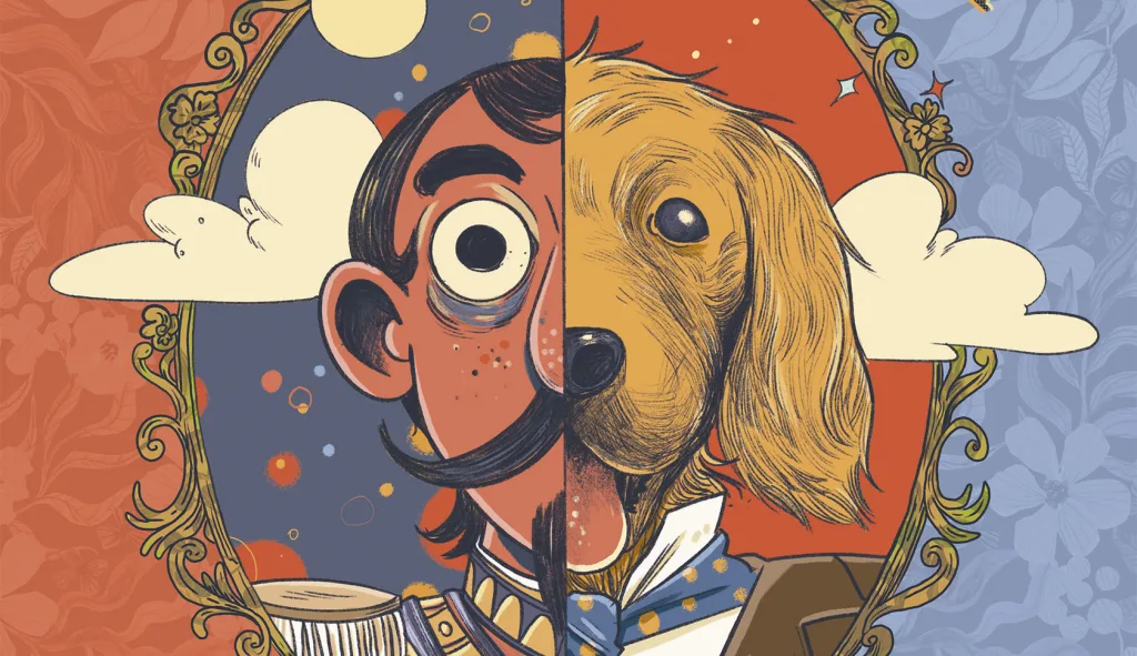 Ilustração de um lado um personagem humano com chapéu e bigode, do outro um cachorro dourado, ambos dentro de um quadro ornamental.