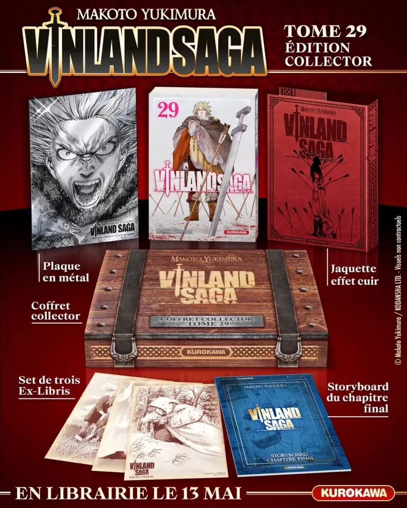 Imagem de edição comemorativa francesa de Vinland Saga com quadrinho, caixa, livros e placa de metal.