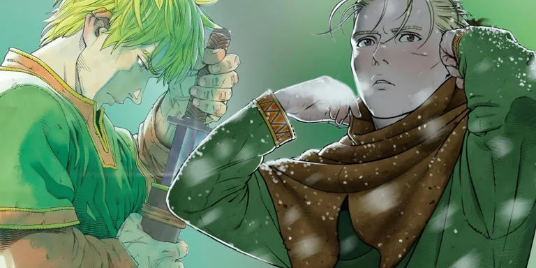 Ilustração de dois personagens de anime, um com cabelo verde e outro com cabelo loiro, em cenário de neve, com um clima de batalha ou reflexão.